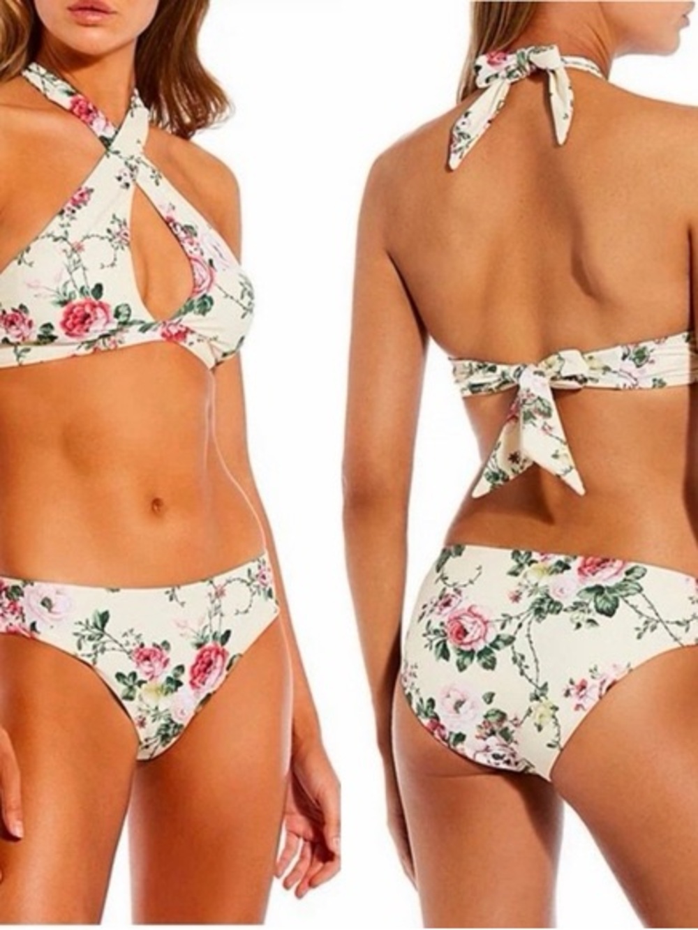 NWT Antonio Melani Floral Cross-Halter Bikini Set - Cream with Pink Rose Print